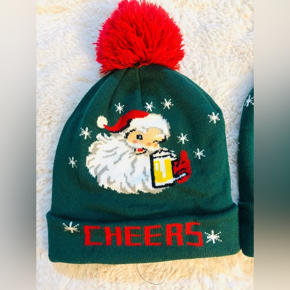 2 NWOT Dec 25th Santa Cheers! With Beer in Hand Beanie w/ Red Pom - Picture 2 of 5